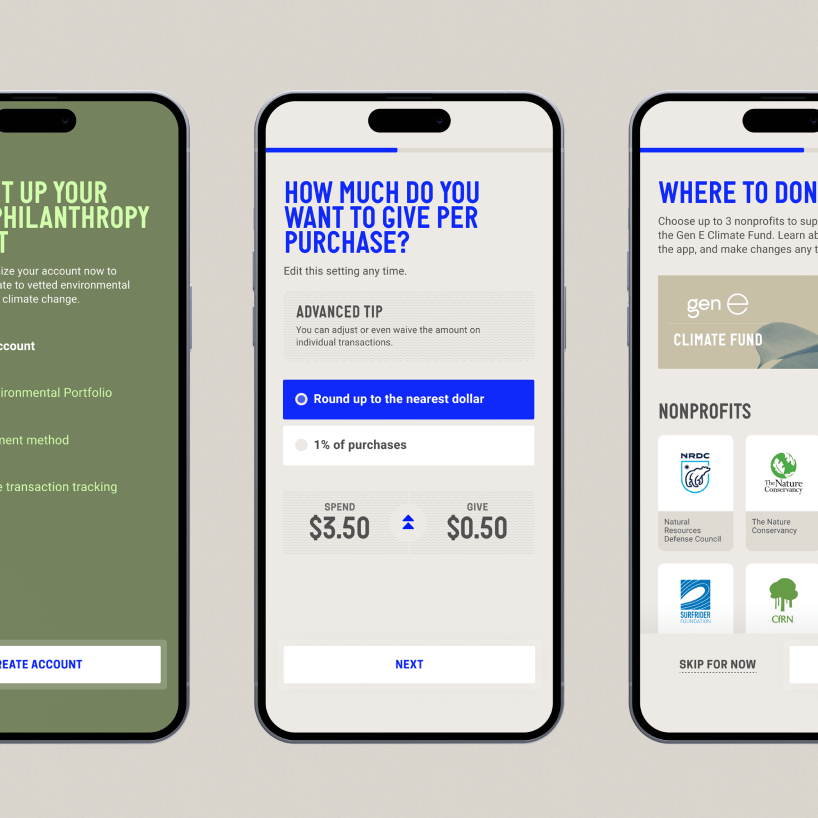 Three iPhones showing various pages of the Gen E app.