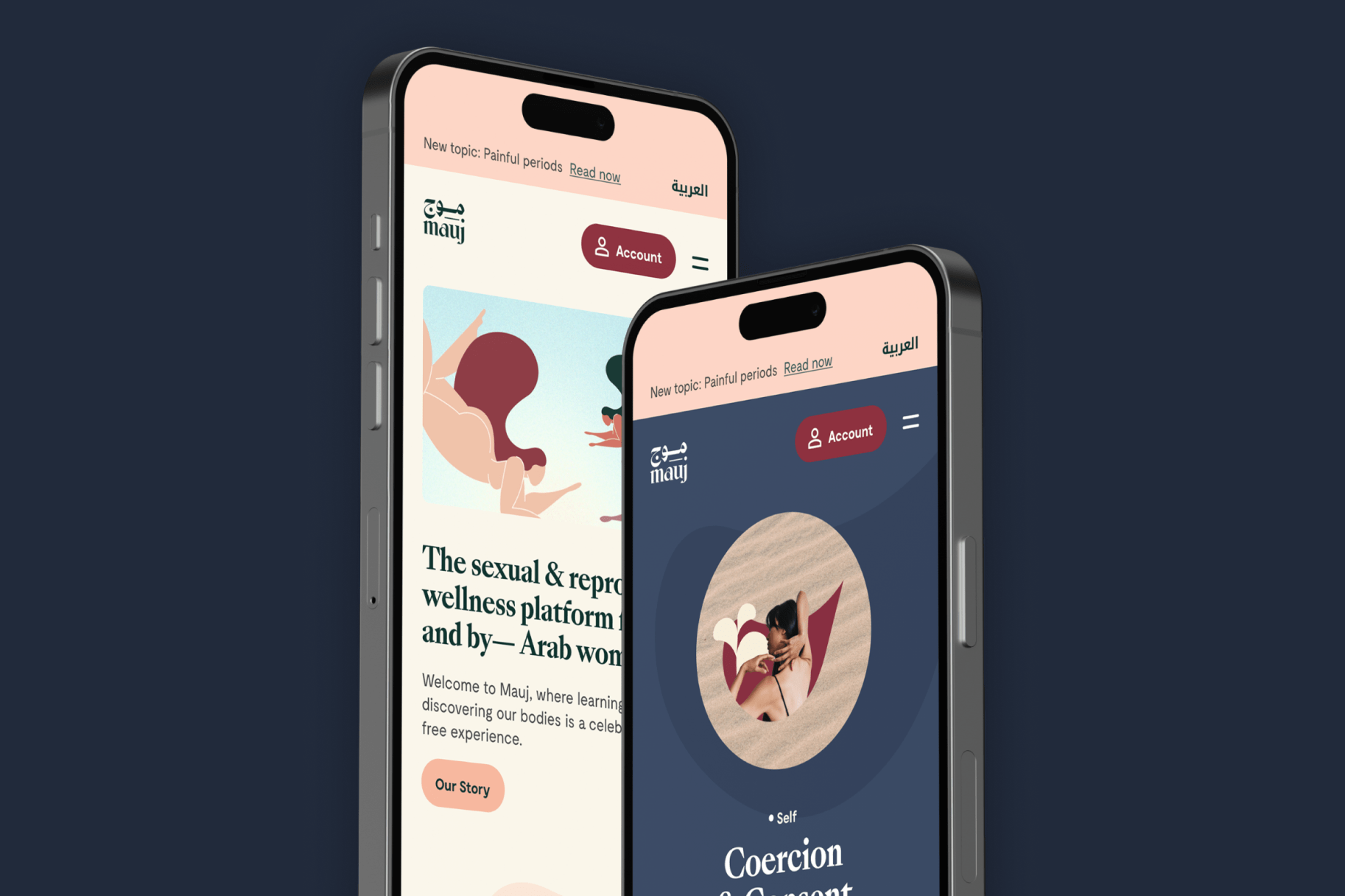 Two iPhones show samples of the Mauj site. On the first, the pale pink Mauj homepage reads &quot;The sexual &amp; reproductive platform for-and by-Arab women.&quot; On the right iPhone, a Mauj article headlined &quot;Coercion&quot; is featured with an image of a woman&#039;s head, seen from behind, with her hands wrapping around it and grasping each other.