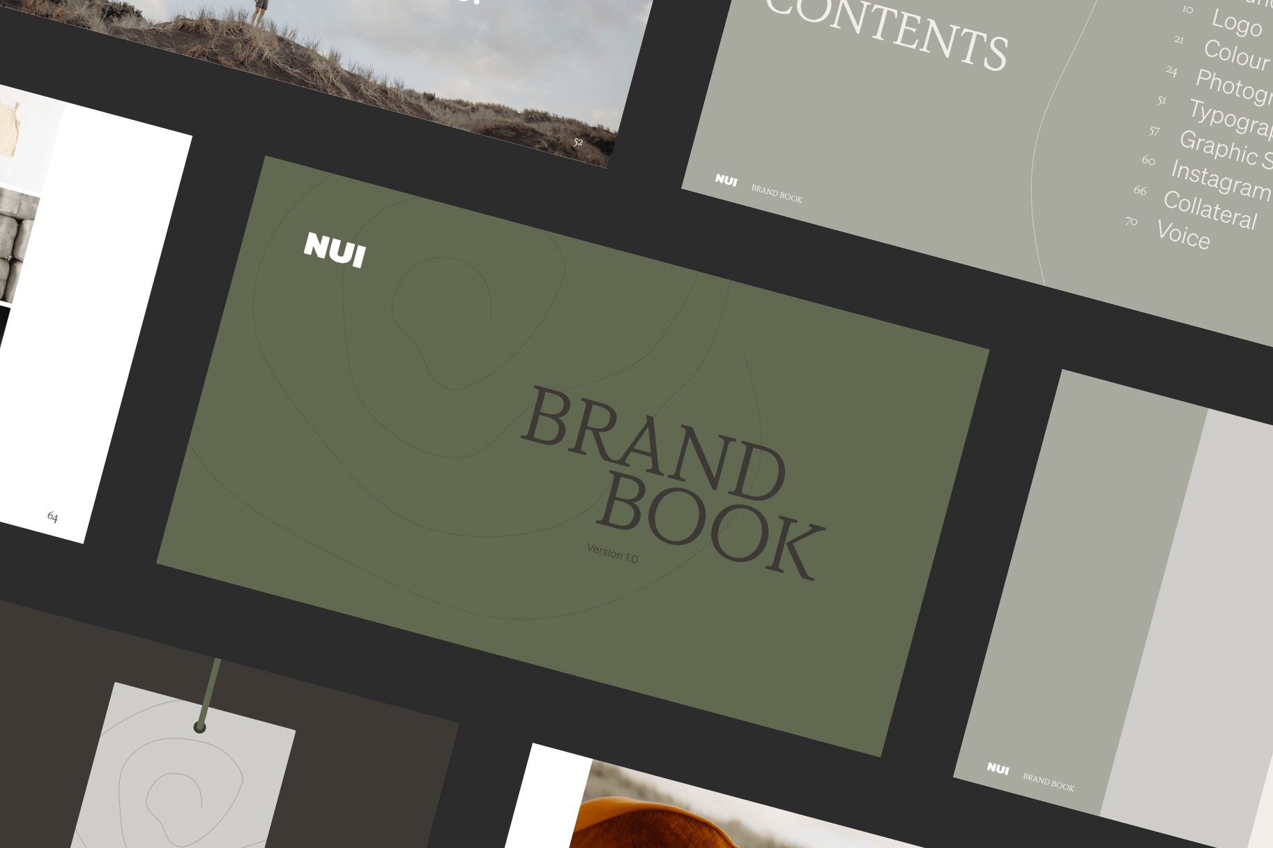The brand book for Nui, featuring shades of earthy green. The centermost page reads &quot;Brand Book&quot; in gray letters against a moss-green background.