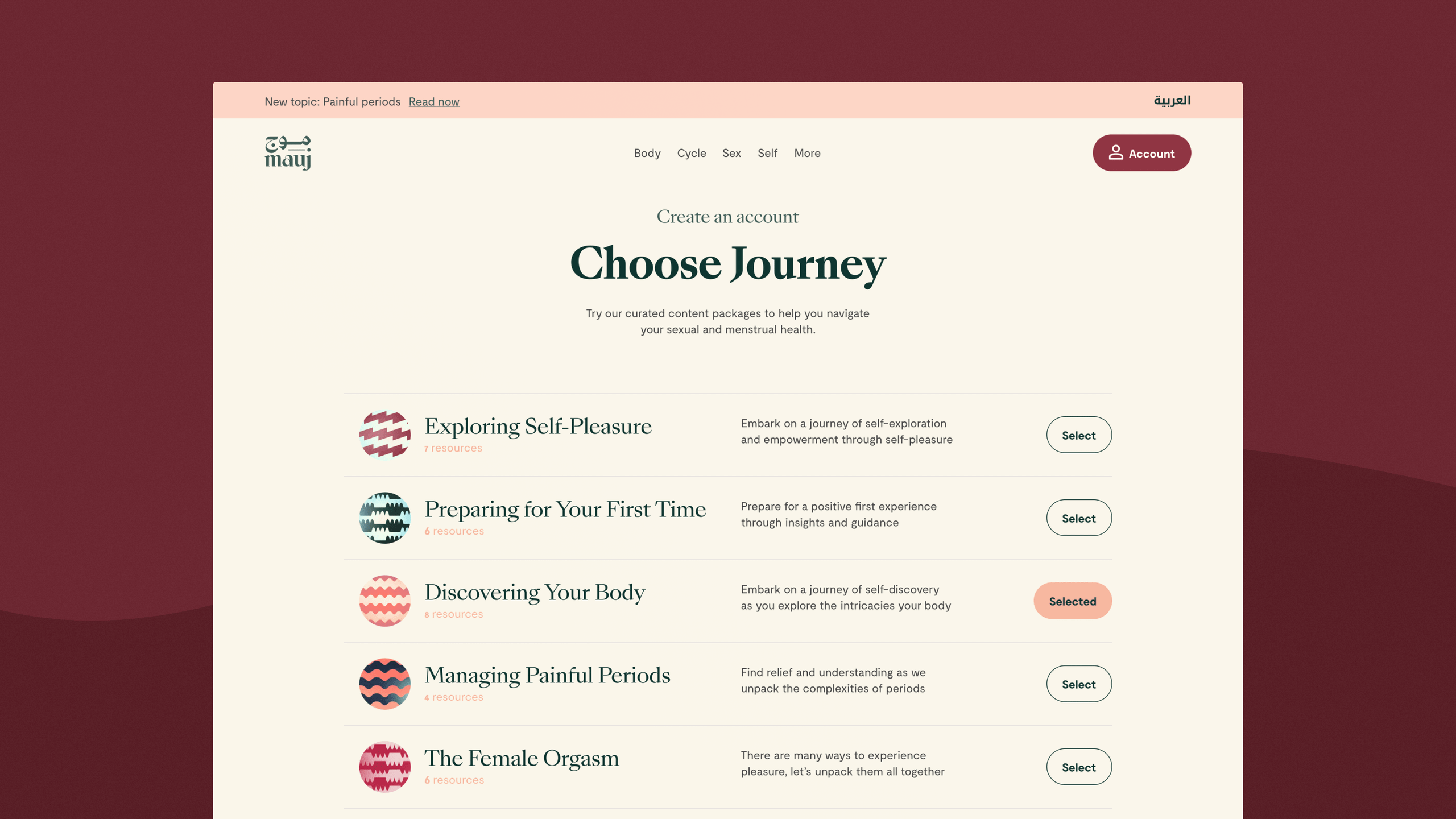 Screenshot of journey selection page for Mauj platform