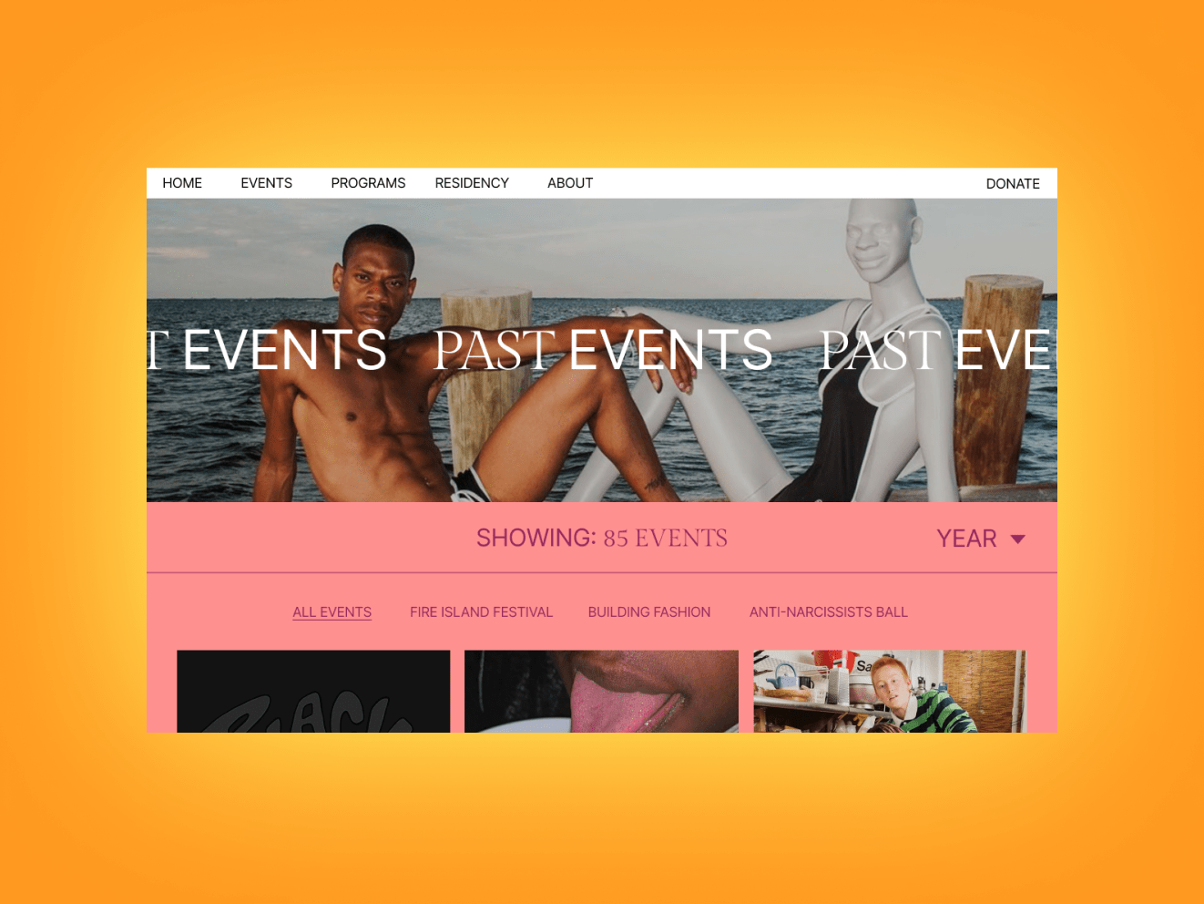 Orange background with the Boffo homepage, featuring a shirtless man with his hand on his leg, facing a white sculpture of a man doing the same pose. White text over the image reads "Past Events."