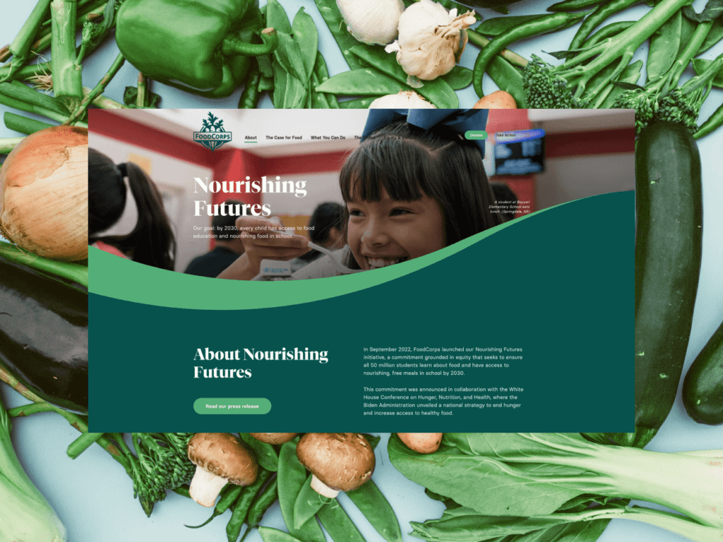 The Foodcorp website homepage with the words "Nourishing Futures" and an array of aesthetically arranged vegetables in the background.