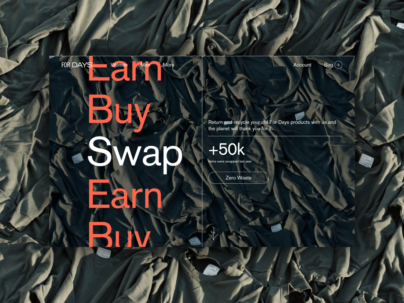 The For Days site, featuring a texturizing background image of crumpled up dark green T-shirts and a menu that reads &quot;Earn, Buy, Swap.&quot;