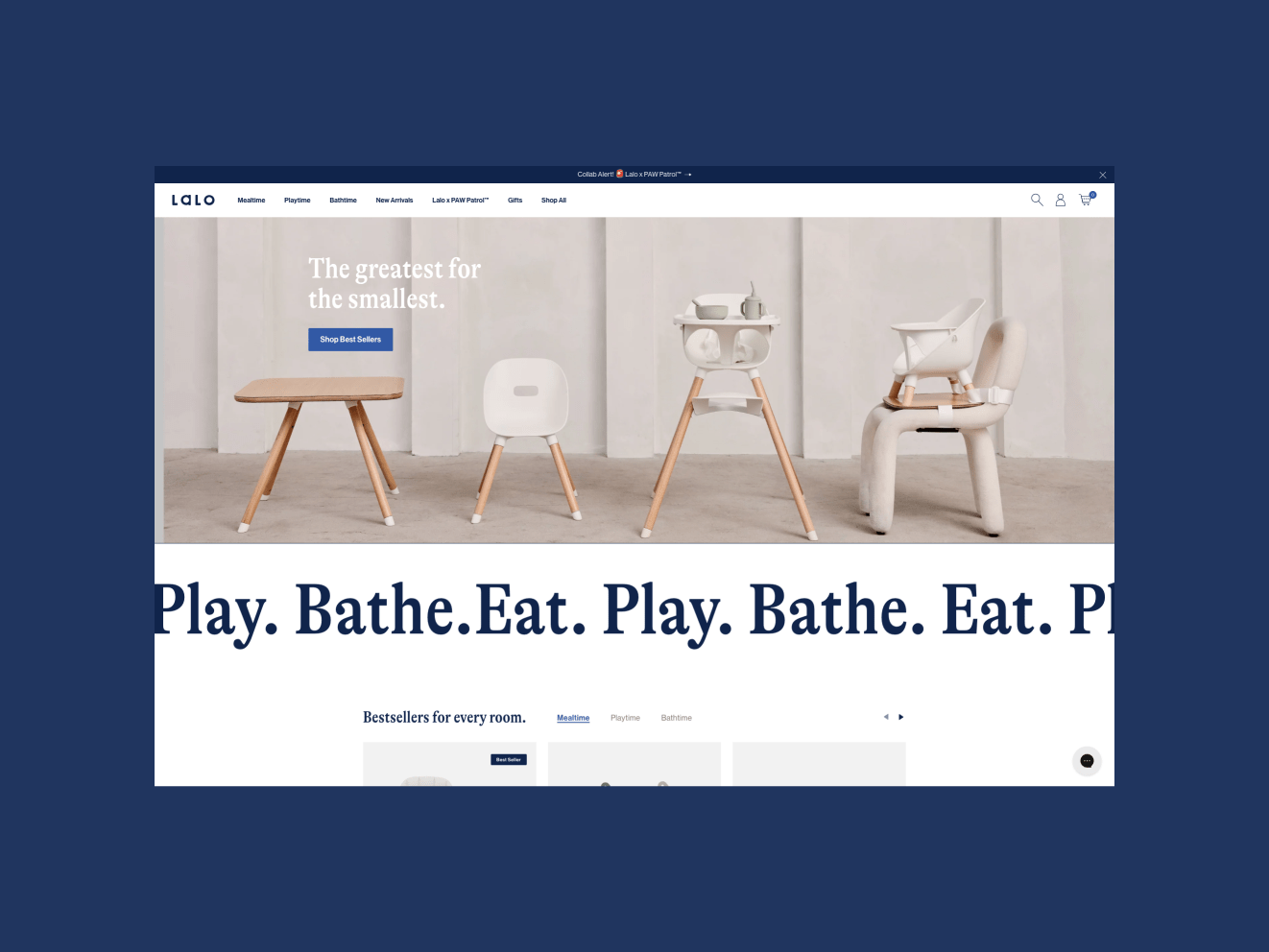 The Lalo website featuring a line of mod highchairs, tables, and chairs. text reads: "Play. Bathe. Eat. Play."