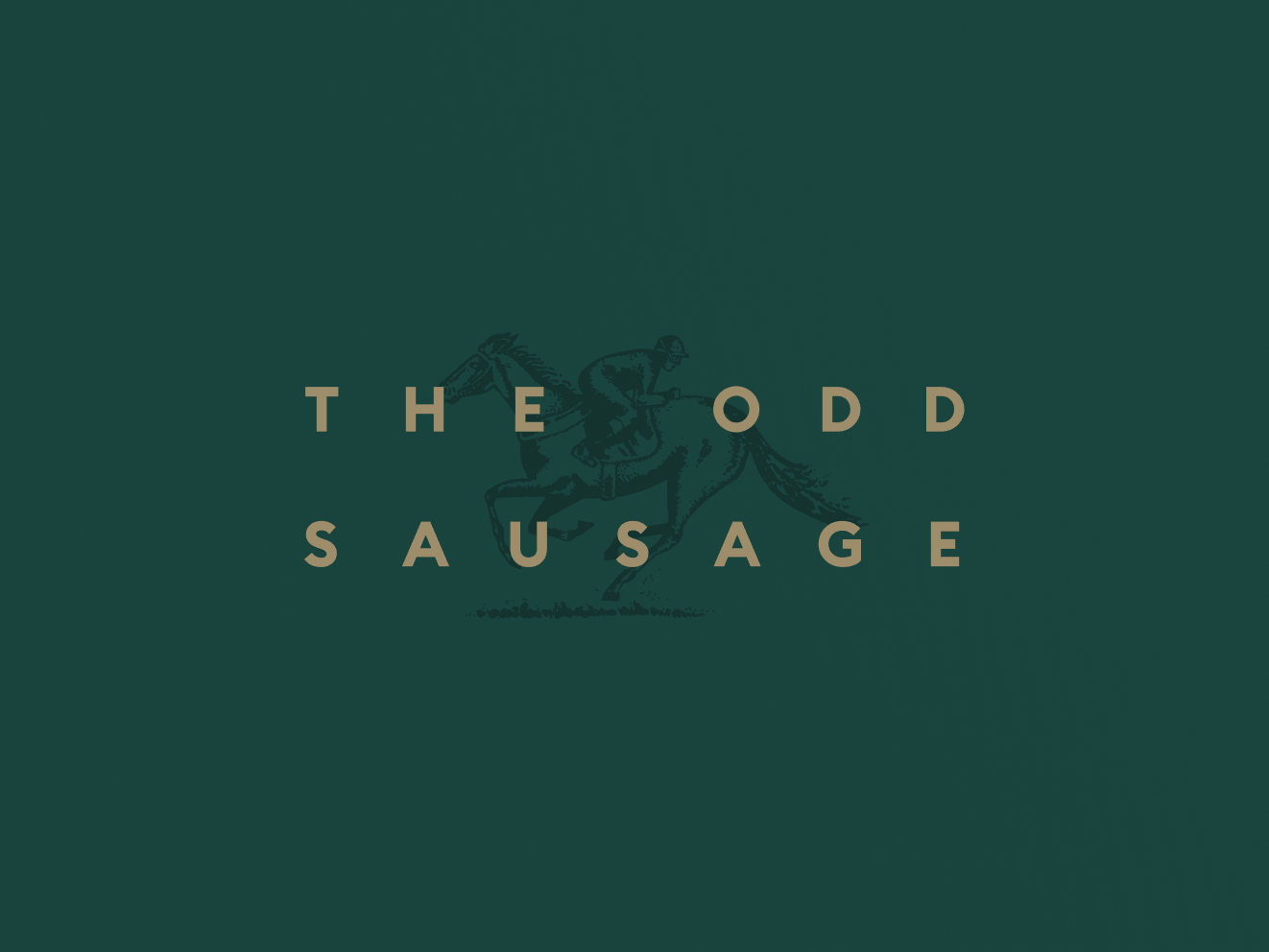 The homepage of The Odd Sausage, forest green with a gray illustration of a jockey riding a horse, facing backwards.