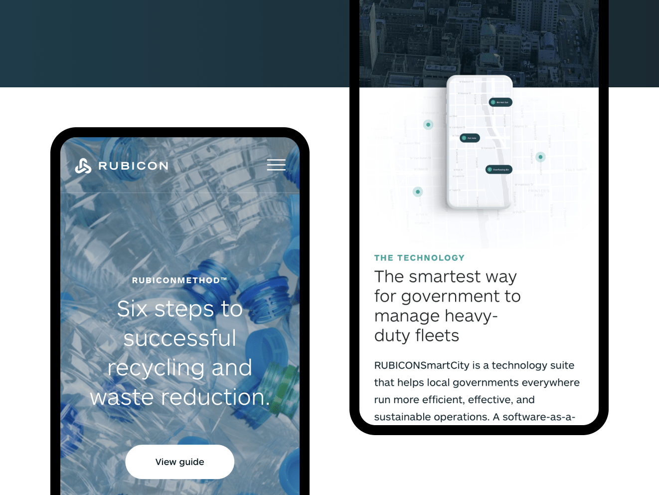 Two iphones show the Rubicon site. Text reads "Six steps to successful recycling and waste reduction."