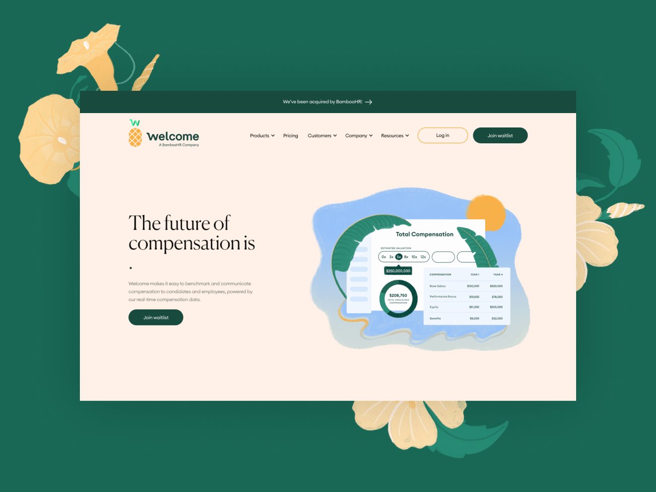 The Welcome home screen, pale pink with black text that reads "The future of compensation is"