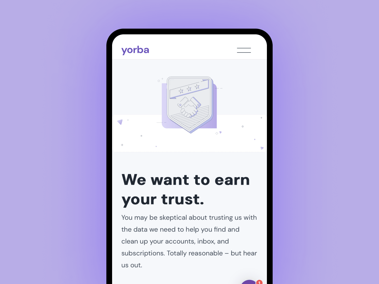 Lilac colored background with an iphone showing the Yorba app screen. Text reads: "We want to earn your trust."