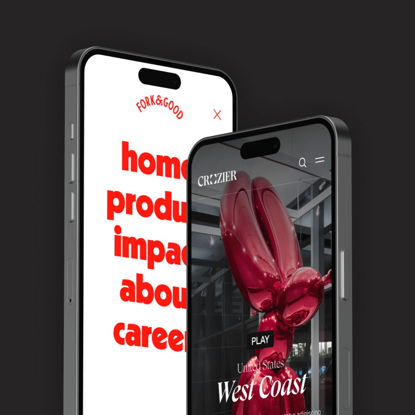 Two overlapping iPhones display more website design work. One, for Crozier, features an image of a giant balloon animal.