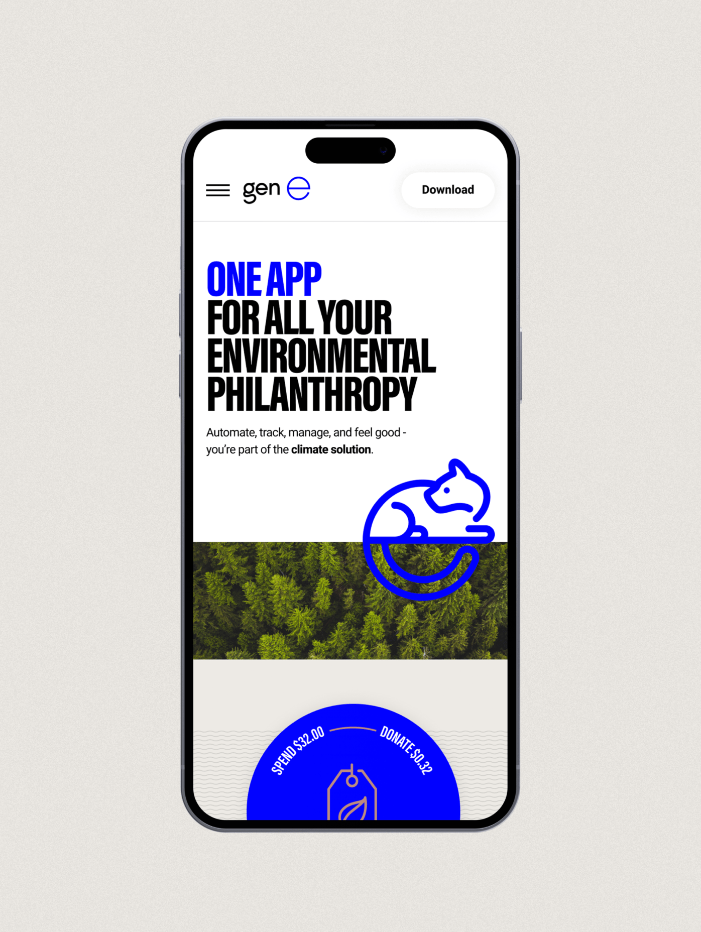 A phone screen showing the Gen E website. Text reads: One app for all your environmental philanthropy