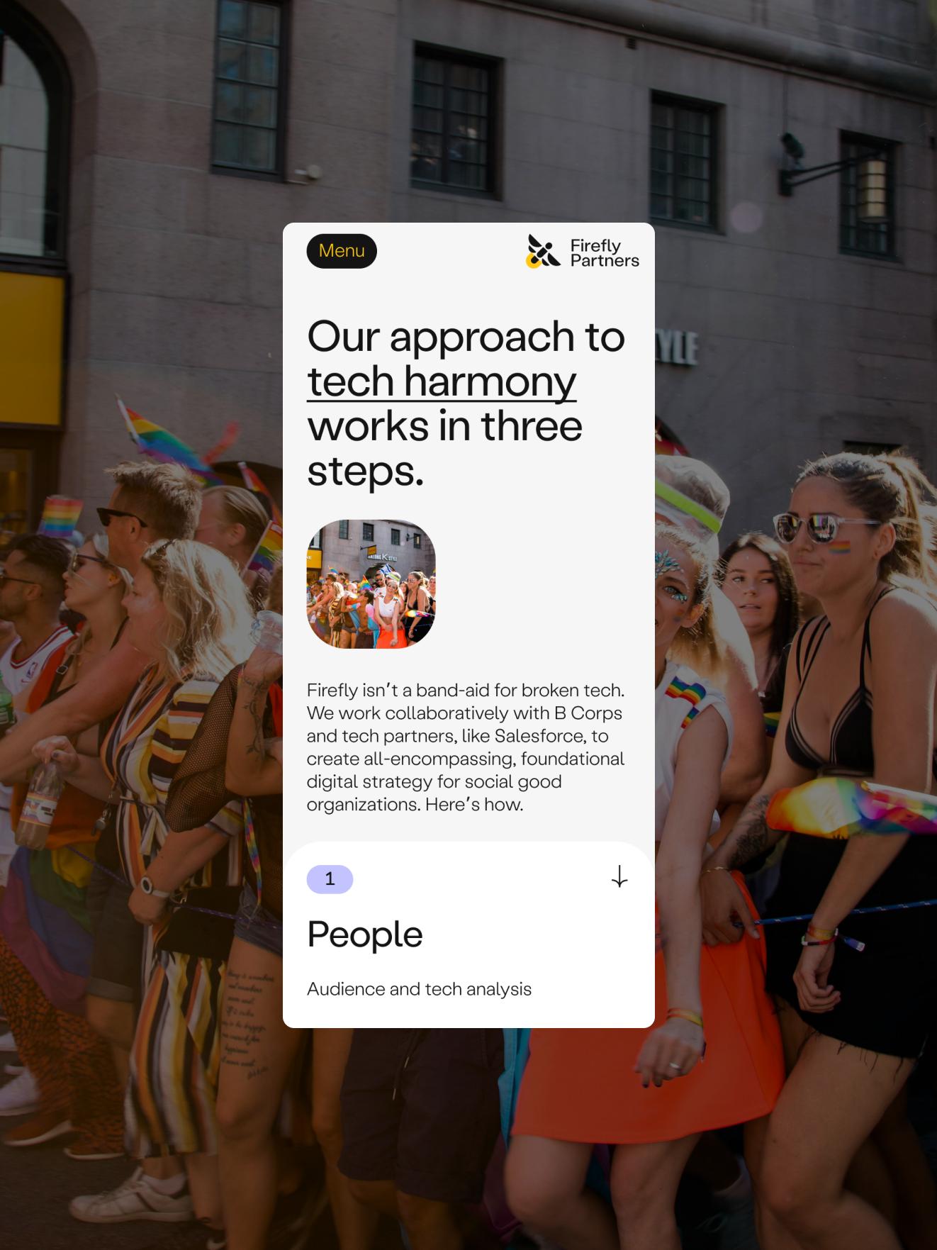 Screenshot of Firefly's approach page. Text reads Our approach to tech harmony works in three steps.