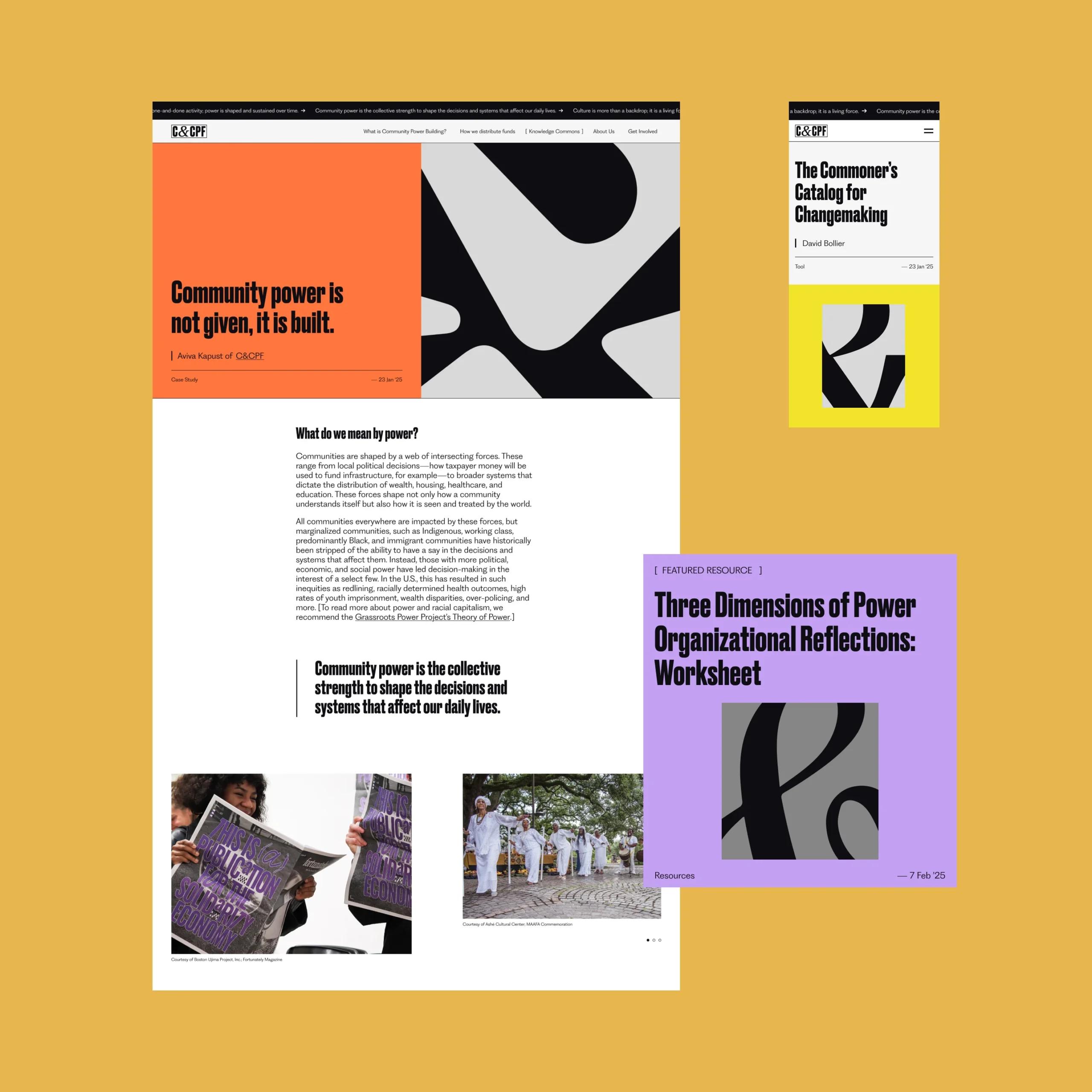 Example content from the C&amp;CPF website on a mustard yellow background. One piece of content reads Three dimensions of power organizational reflections: Worksheet