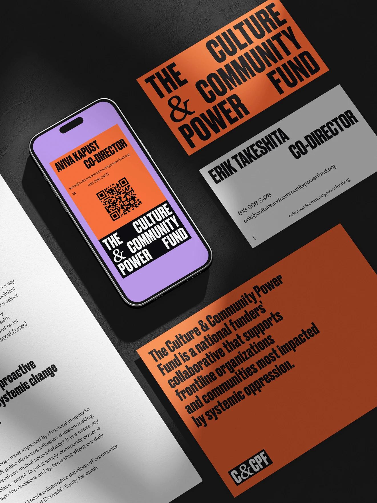 Variations of the organization&#039;s new branding across mobile and on business cards. Cohesive design elements include bright orange, lilac purple, and bold black font.