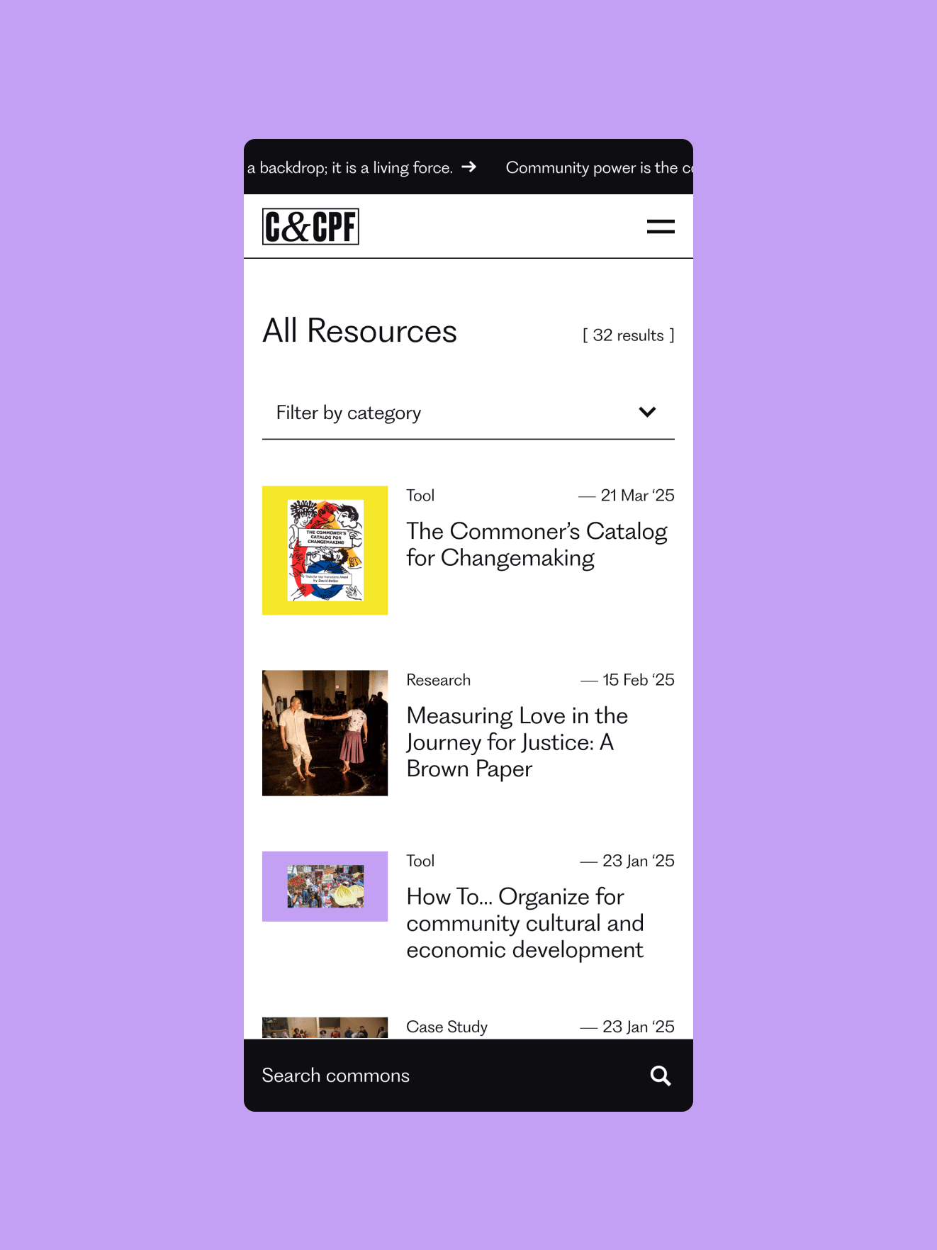 The All Resources page of the site features a list of articles with a search function