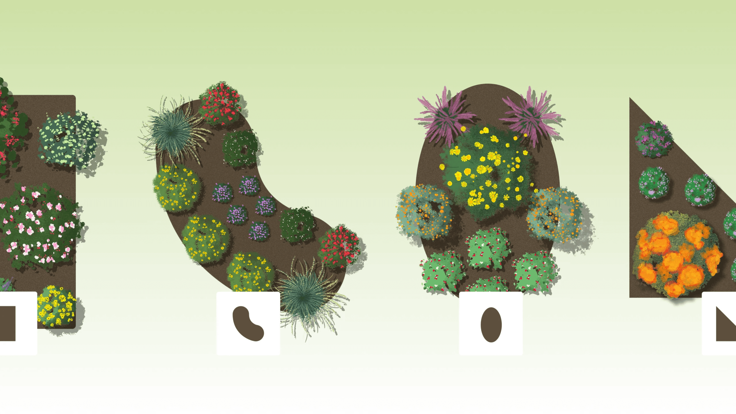 A series of garden bed designs showing different shapes beds can be and the variety of illustrated plants that can fit on them