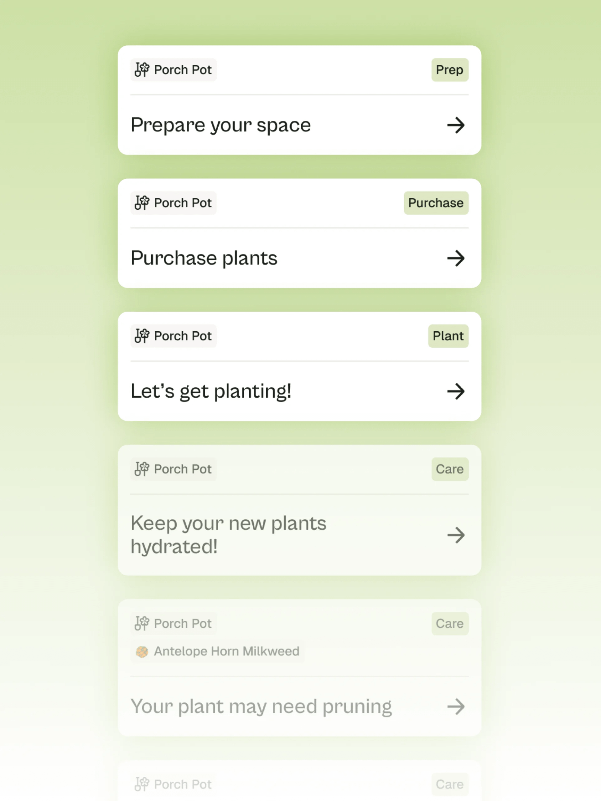 A screen showing notifications on the app such as "Prepare your space" and "Let's get planting!"