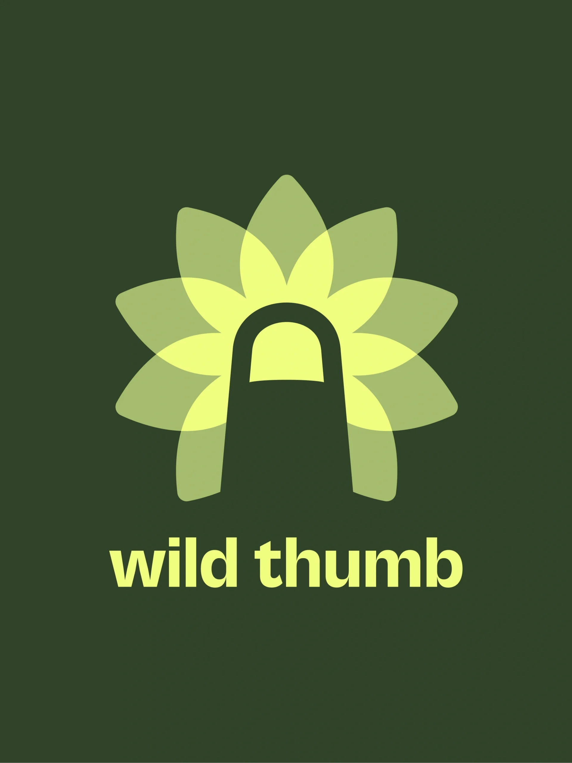 The Wild Thumb logo features a dark green thumb tapping into the middle of a flower with tear-drop shaped light freen petals.