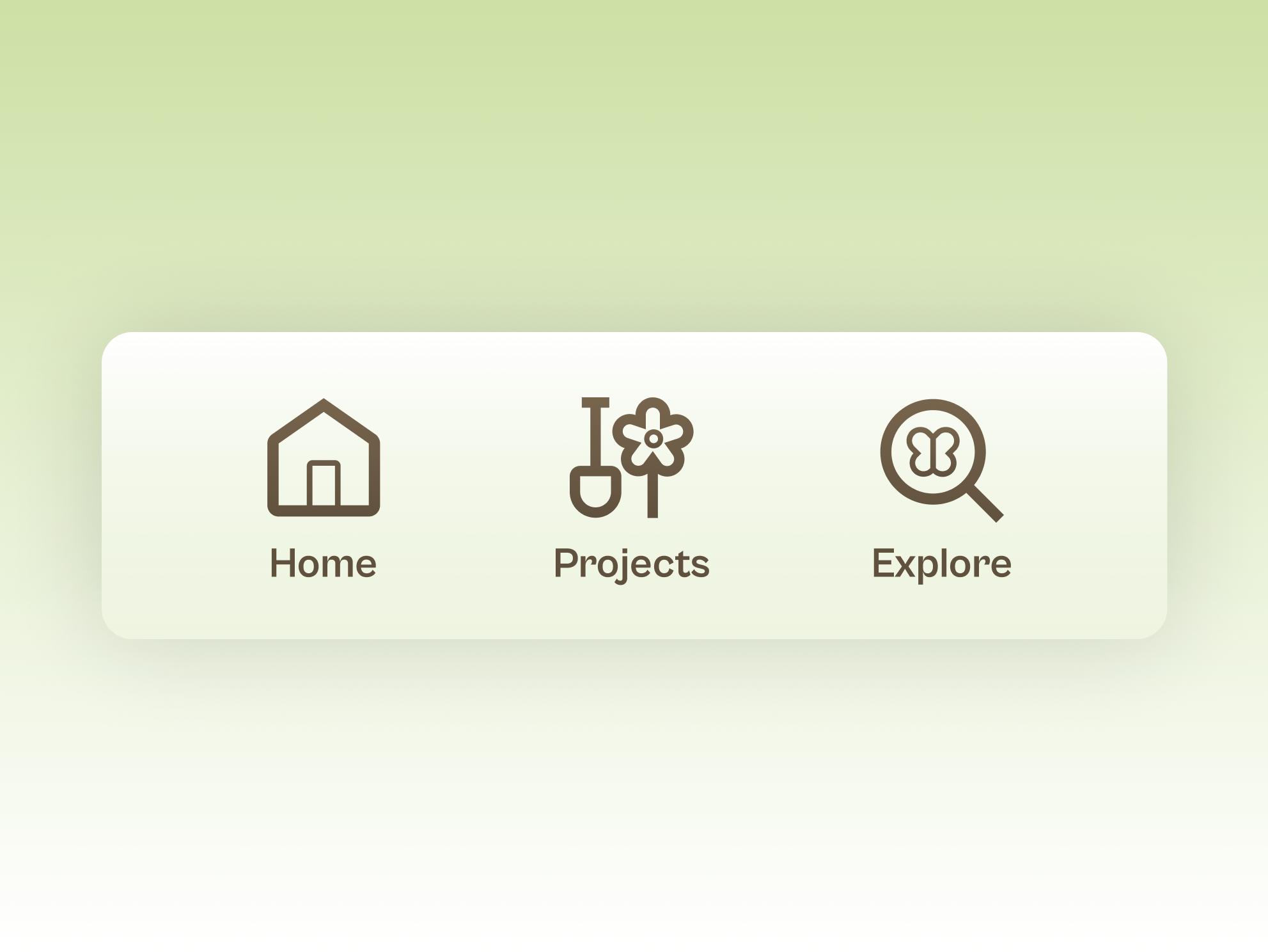 Icons on the home screen of Wild Thumb feature a small brown house, a brown shovel and flower, and a brown magnifying glass with a butterfly inside it