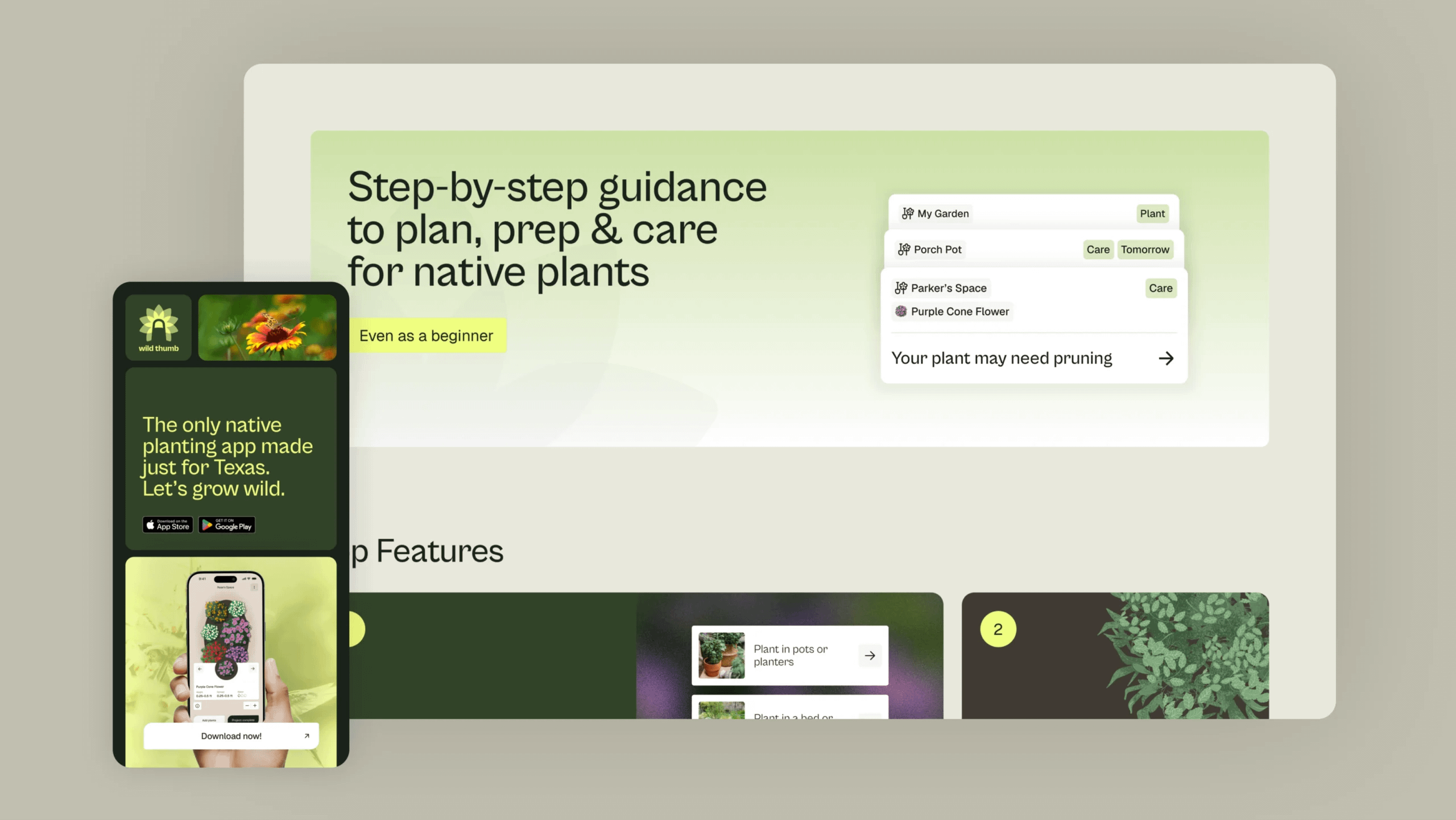 A screenshot of the Wild Thumb microsite on iPhone and desktop. Text reads: Step-by-step guidance to plan, prep, and care for native plants