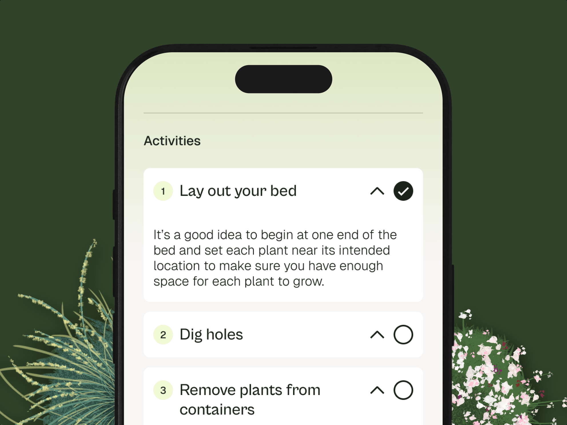 A screenshot of Wild Thumb instructions on an iPhone, telling plants how to lay out their bed